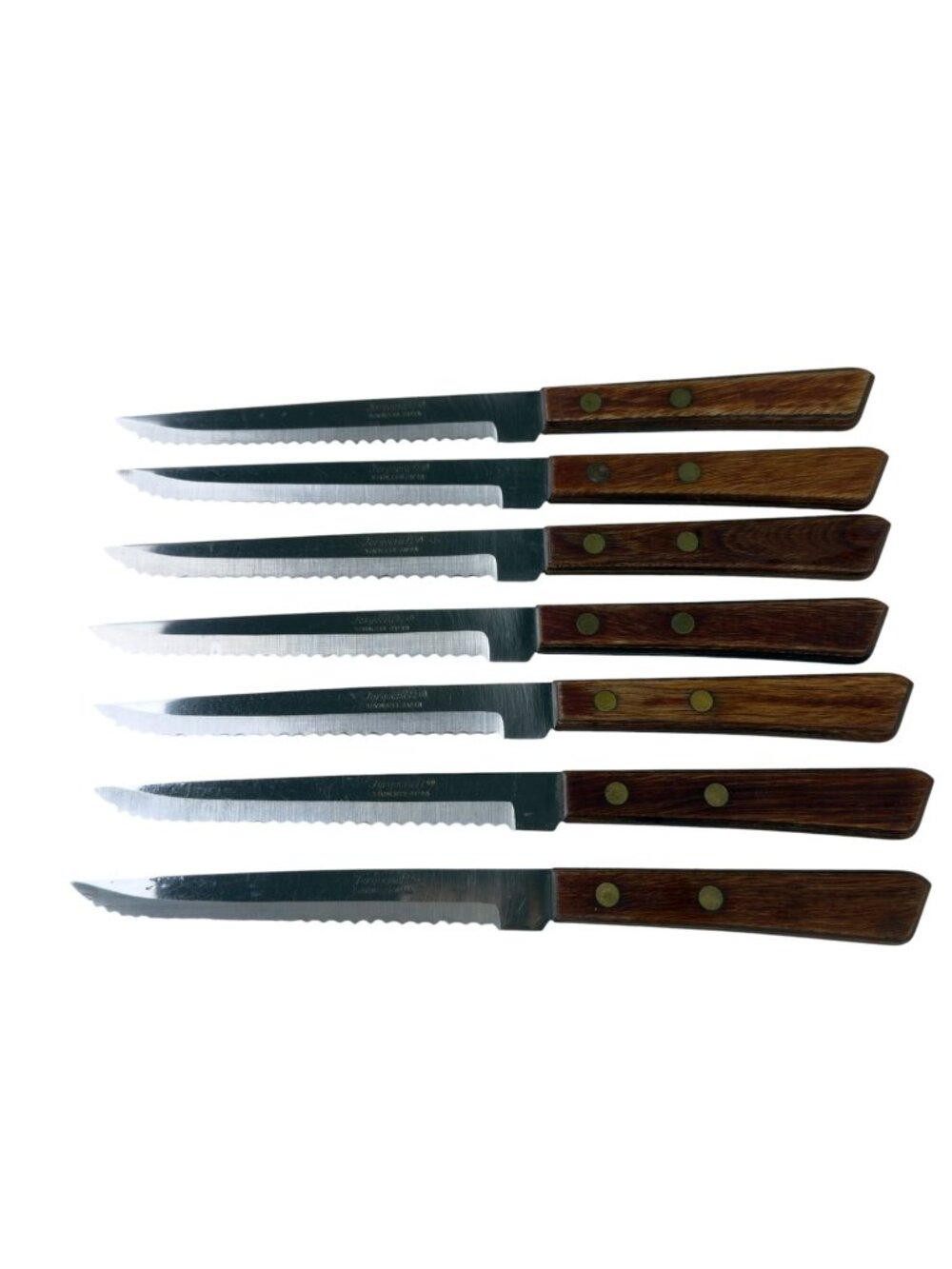 Vintage Japanese Forgecraft Steak Knives Set of 7 - MCM Wood Handle Serrated Fla